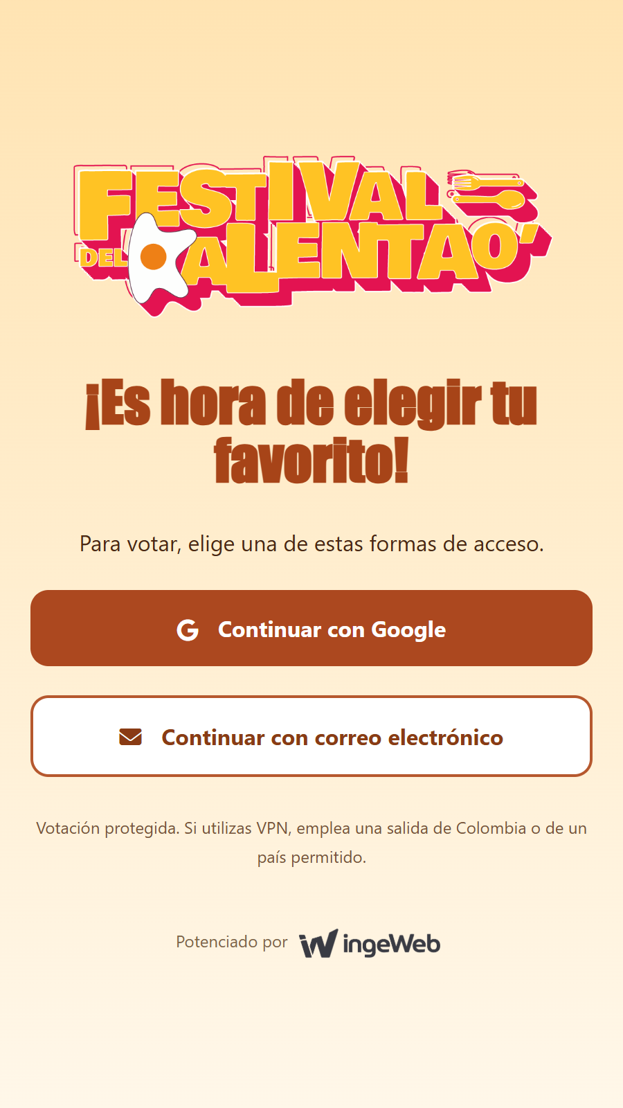 Pantalla de acceso con las opciones Continuar con Google y Continuar con correo electrónico.