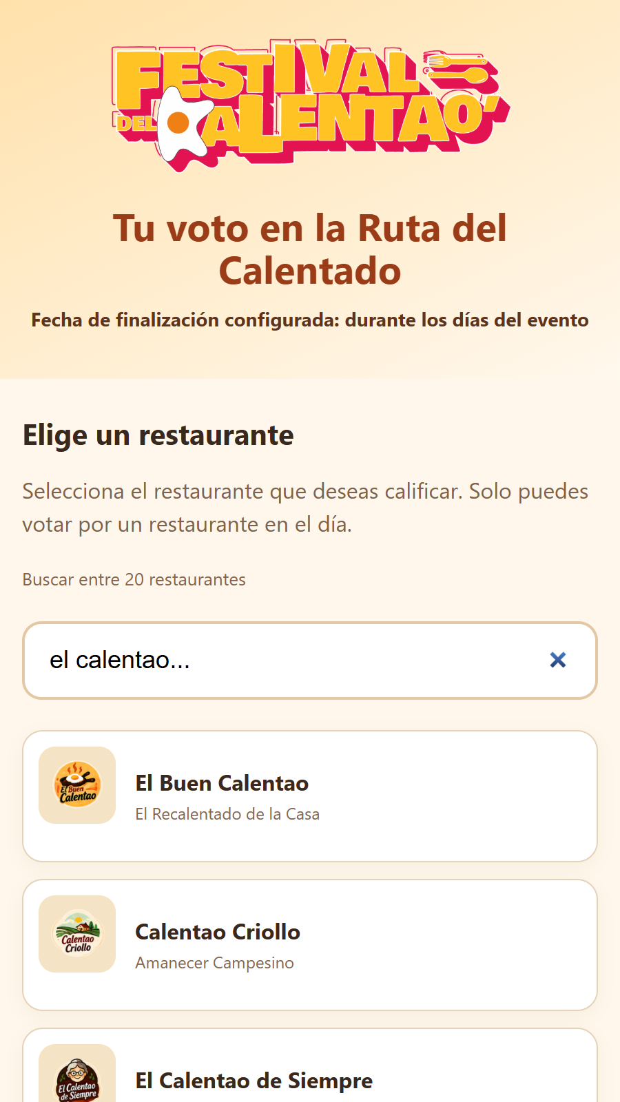 Buscador y lista de restaurantes disponibles para votar.