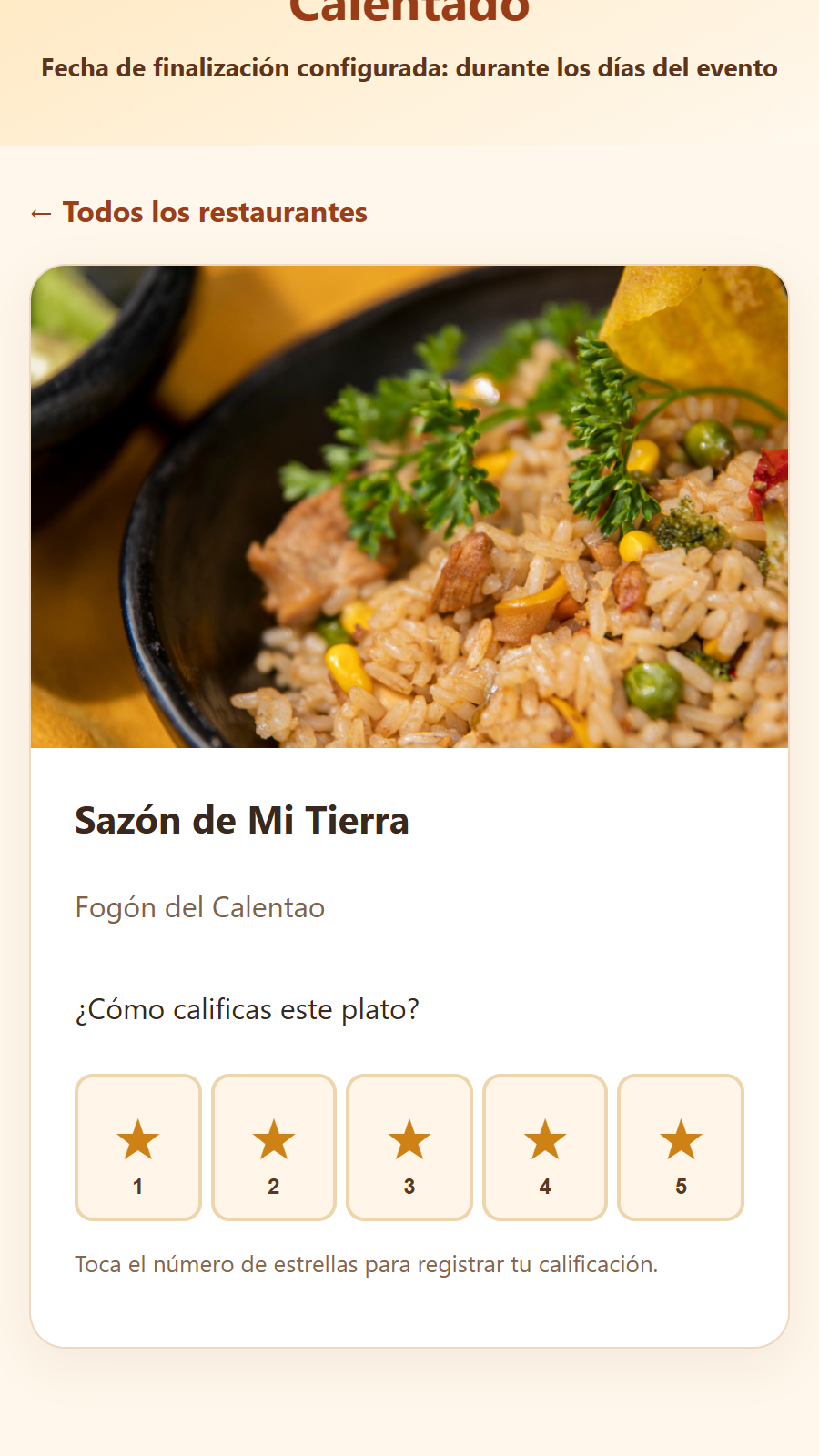 Ficha del plato con cinco opciones de calificación, de una a cinco estrellas.