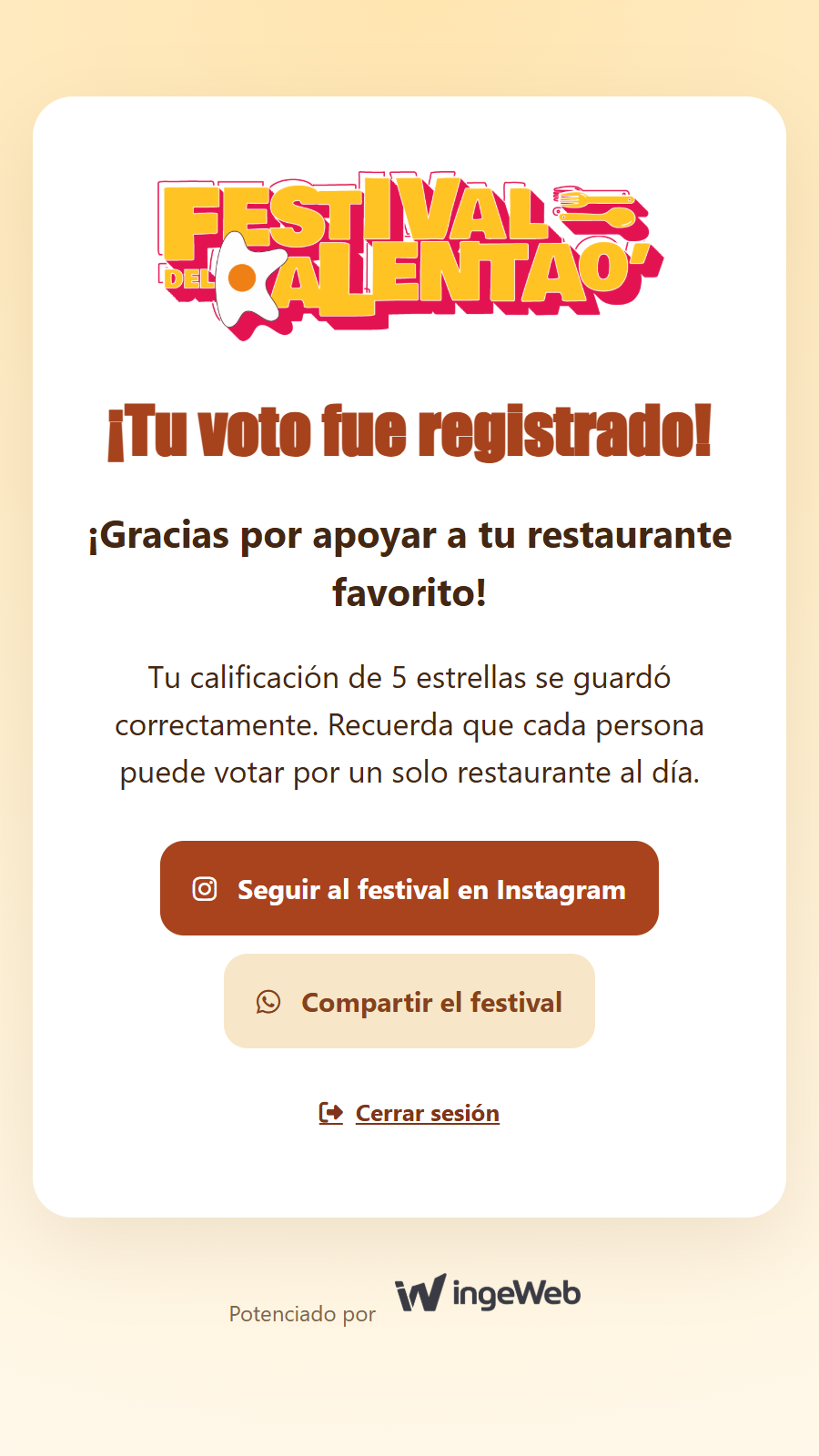 Confirmación de voto registrado con opciones para seguir y compartir el festival.